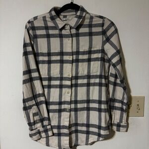 Thread & Supply Flannel‎ Shirt XS Relaxed Fit Grey White Plaid Long Sleeve